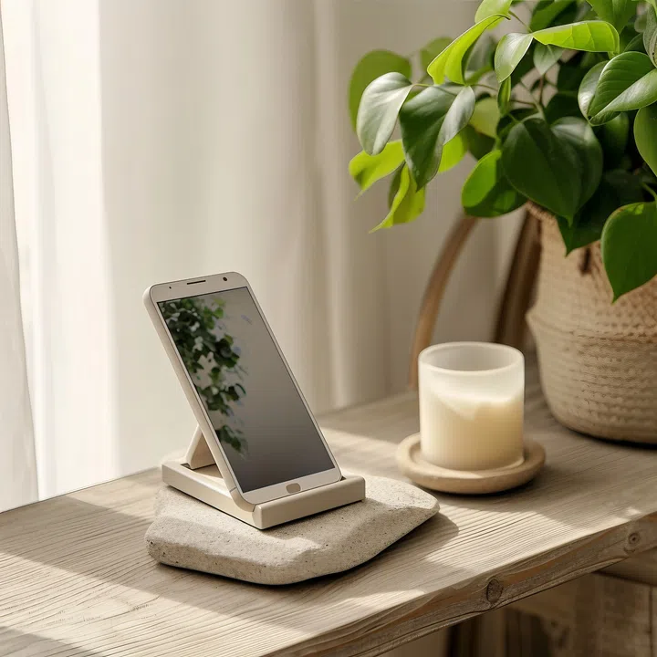 Modern smartphone on a wooden shelf in the living room. The concept of modern technology.