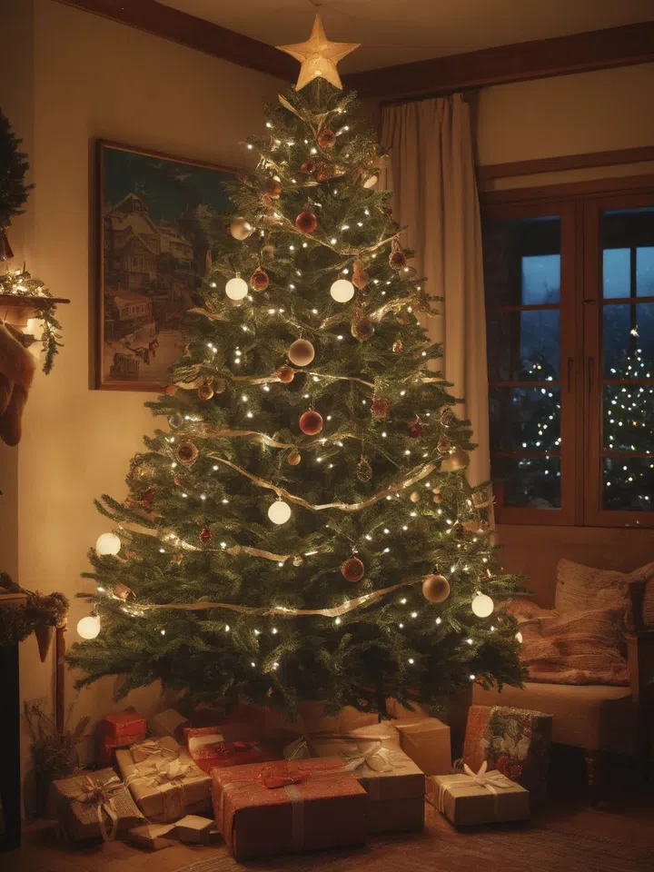 Christmas tree in the living room with gifts and a large window.