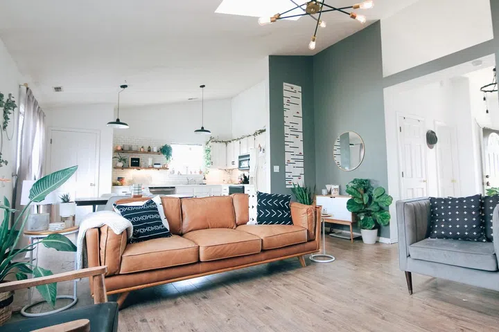Living room with a tan leather sofa and green feature wall. Image Unsplash.