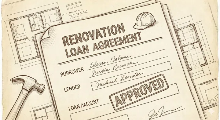 Illustration of a renovation loan agreement. AI Generated.