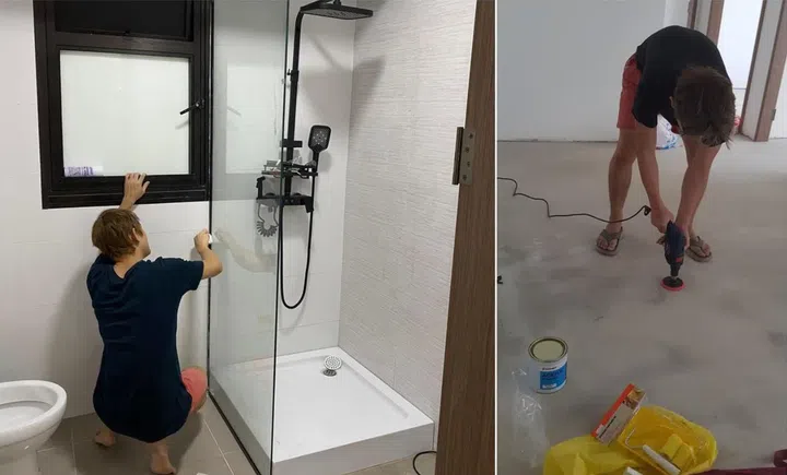 Mr Sim installing and sealing a shower during the renovation phase and finishing his flooring before laying vinyl himself.