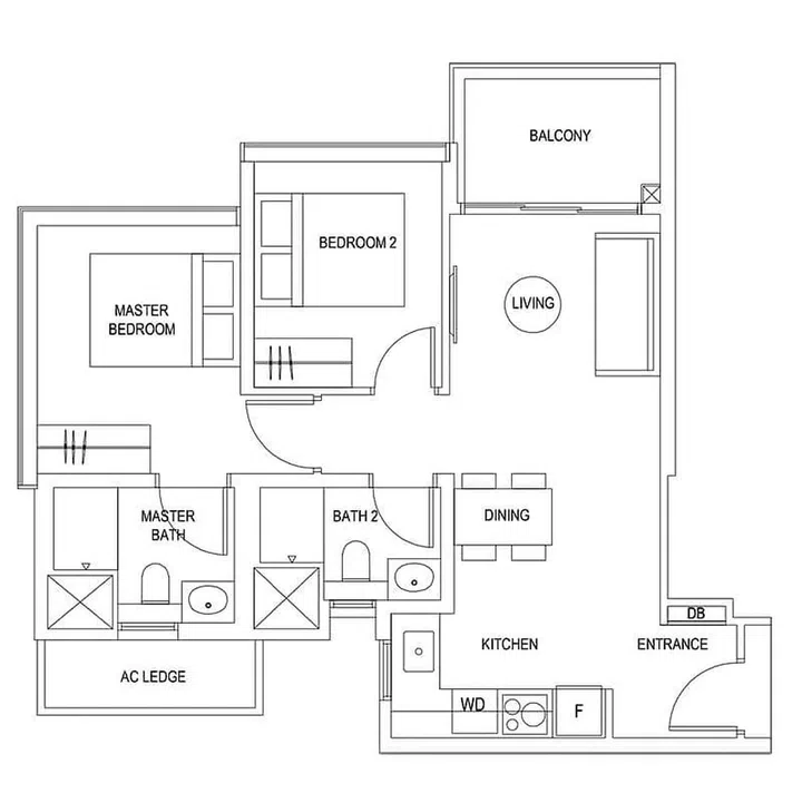Myra Residences condo 2 bedroom type B1 700 sq ft floor plan. Image from Myra Residences official website