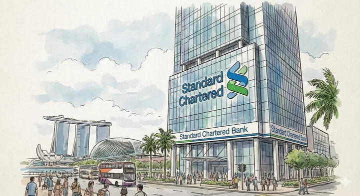 A drawing illustration of a Standard Chartered Bank logo on an office building in singapore.