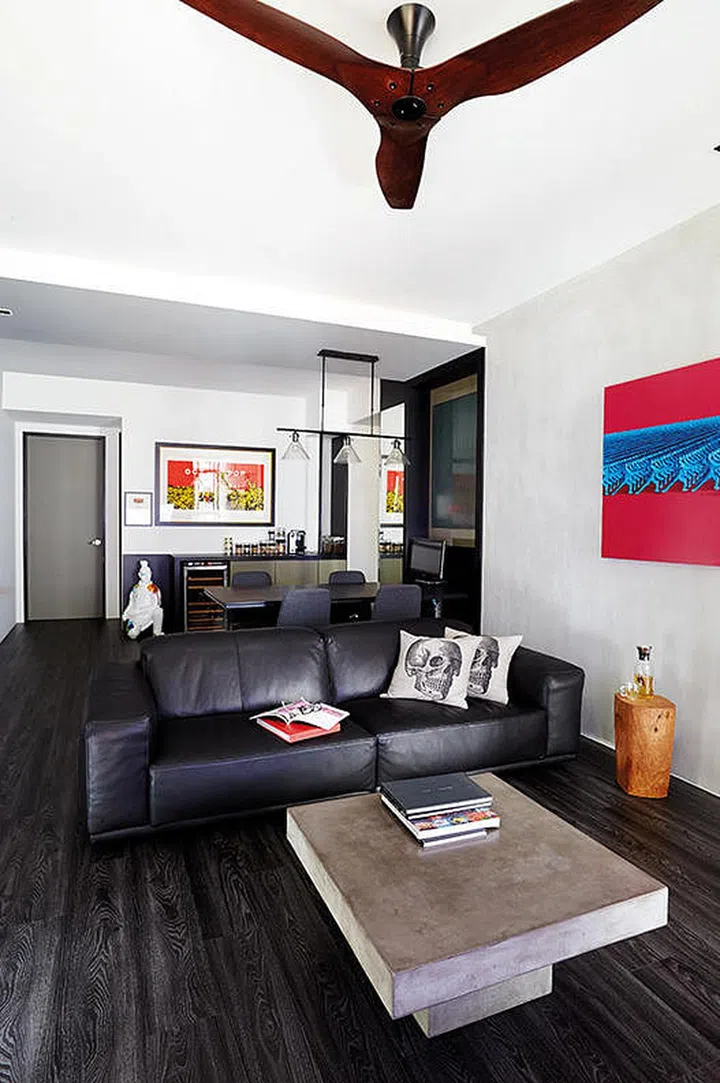 living room, sofa, fan, dining room