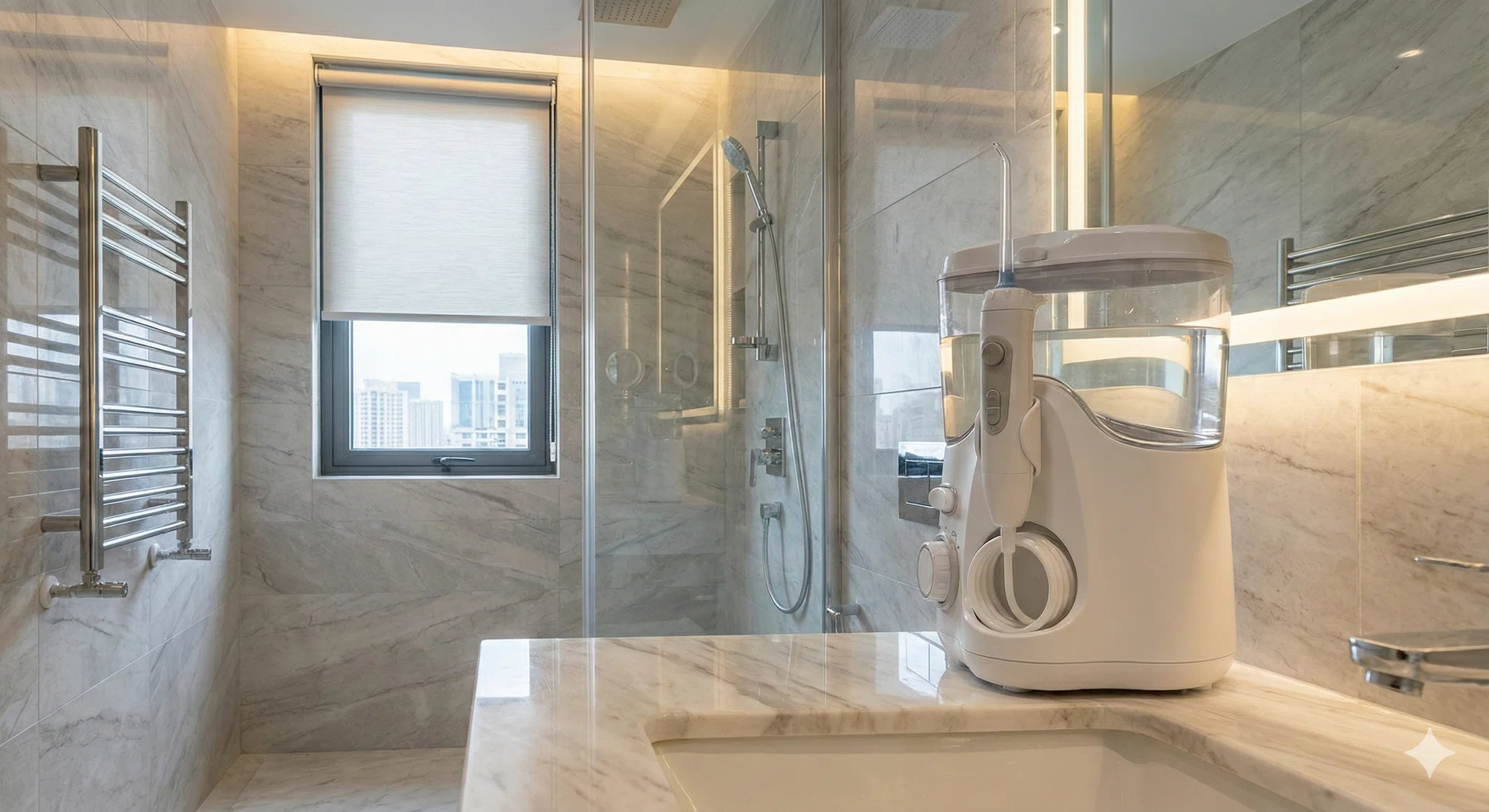 Image of a water flosser on a bathroom sinktop.