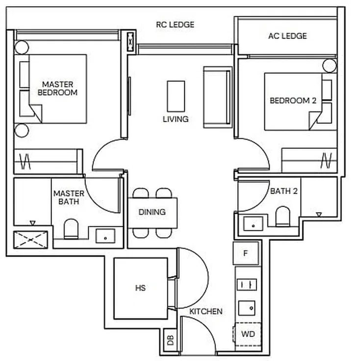 Terra Hill floor plan for a 2 bedroom type B1 unit spanning 58 sqm or 624 sq ft. Image from official Terra Hill website
