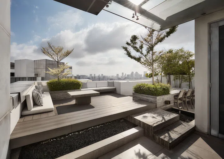 The tiered roof terrace design maximises the panoramic view.