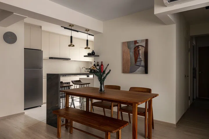 The dining room flows from the kitchen.