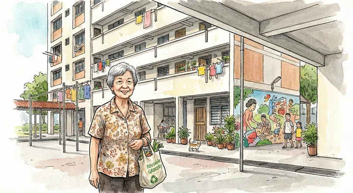 A senior singaporean woman standing in front of a HDB apartment building.