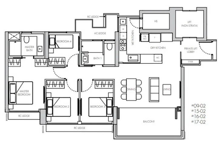 8@BT Condo 4-Bedroom TYPE D1 126 sq m / 1356 sq ft #09-02 - #19-02 floor plan.