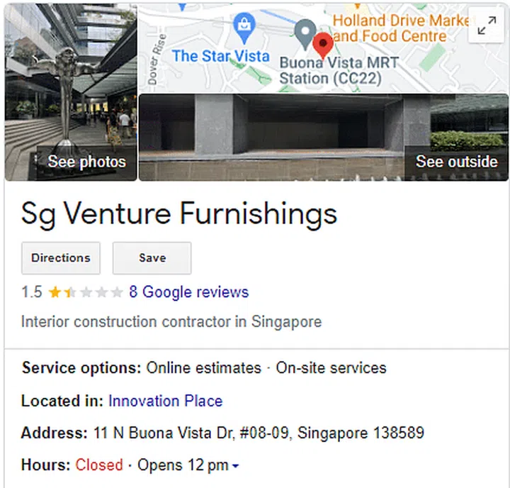 Screengrab of SG Venture Furnishing's Google Business listing, address, opening hours