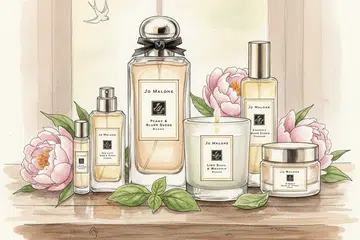 Drawing illustration of Jo Malone London products on a table.