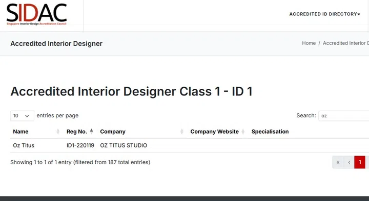 I searched for Oz Titus Hong in the SIDAC Accredited Interior Designer Class 1 - ID 1 list.