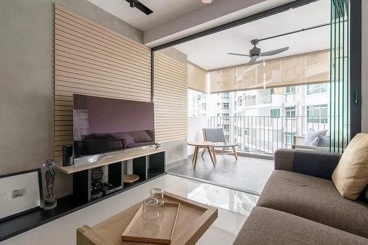 living room, TV console, feature wall, wood furniture