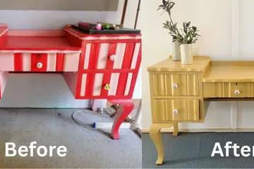 A dressing table that I purchased second-hand. On the right is the seller’s version. On the left is after I refurbished the wooden furniture item by stripping the original candy-striped coloured paint and sanding the piece down. Then repainting it a buttercorn yellow – a 2026 trending colour, and one which I’ve fallen in love with. I unscrewed and changed the drawer knobs around.