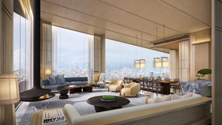 Generous living and dining spaces feature high ceilings and expansive glazing, with most villas offering panoramic views of Mount Yotei.