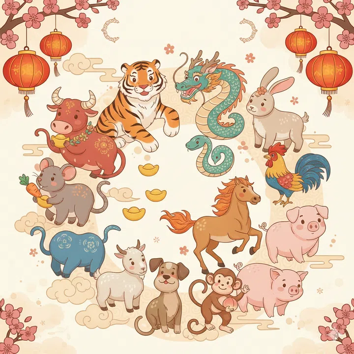 A drawing illustration of the 12 Chinese Zodiacs.
