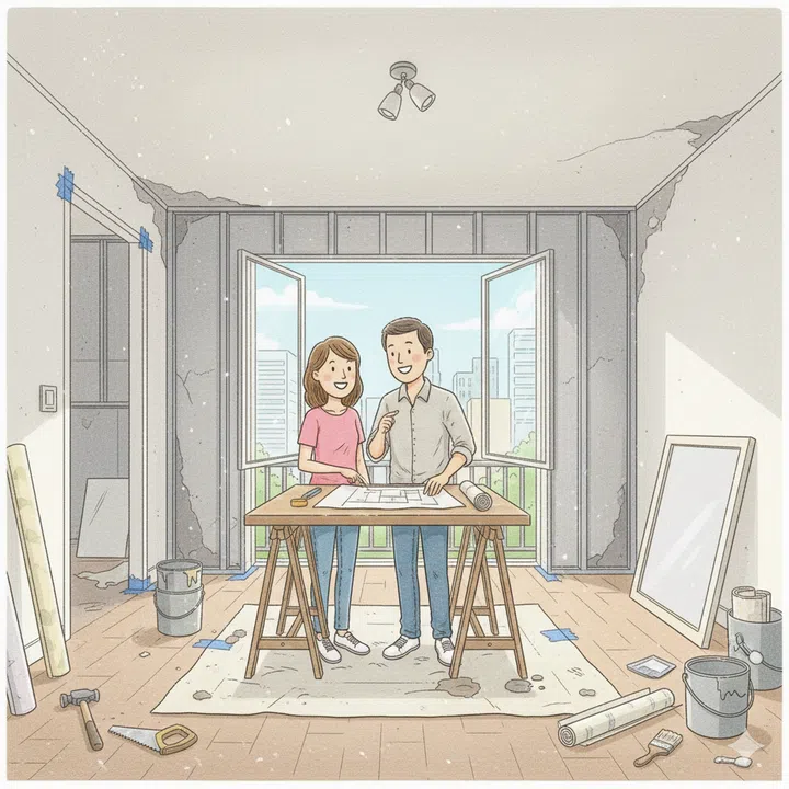 An illustration of a young couple standing in a living room that’s undergoing renovation.