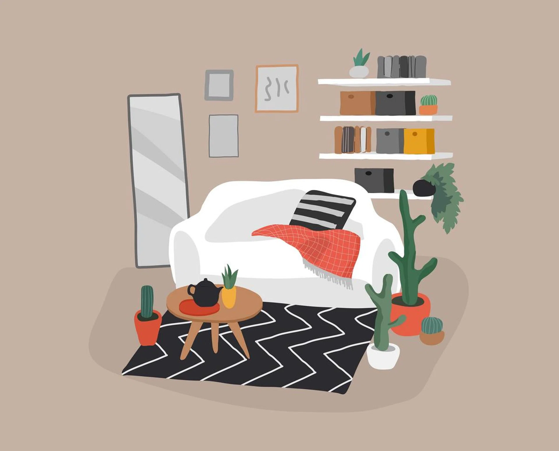 Scandinavian or Nordic style living room interior. Hand drawing Scandinavian style cozy interior with homeplants. Cartoon vector illustration.