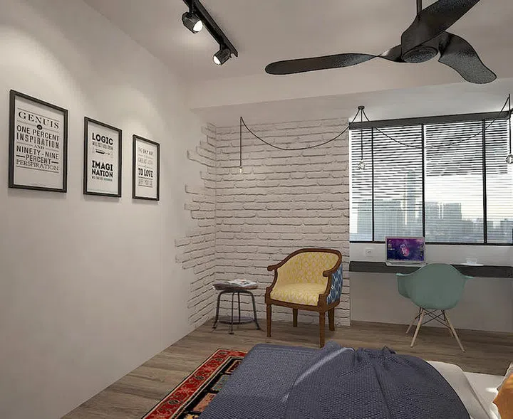 Not your ordinary brick wall, this adaptation takes a step further to introduce individual bricks that bleed into the adjacent wall, injecting the simple space with a more personal touch. Interior design by Oblique Interiors