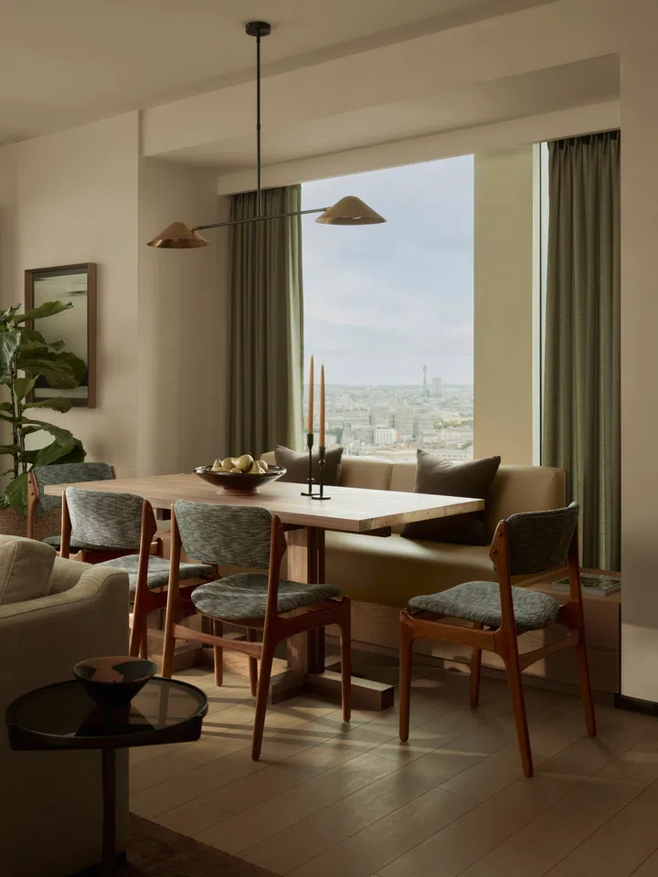A dining room in one of the showflat apartments in the Park Hyatt Residences London River Thames.