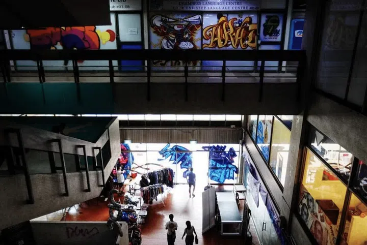 Graffiti art covering the walls and closed shops in the Peace Centre. ST PHOTO: KELVIN CHNG