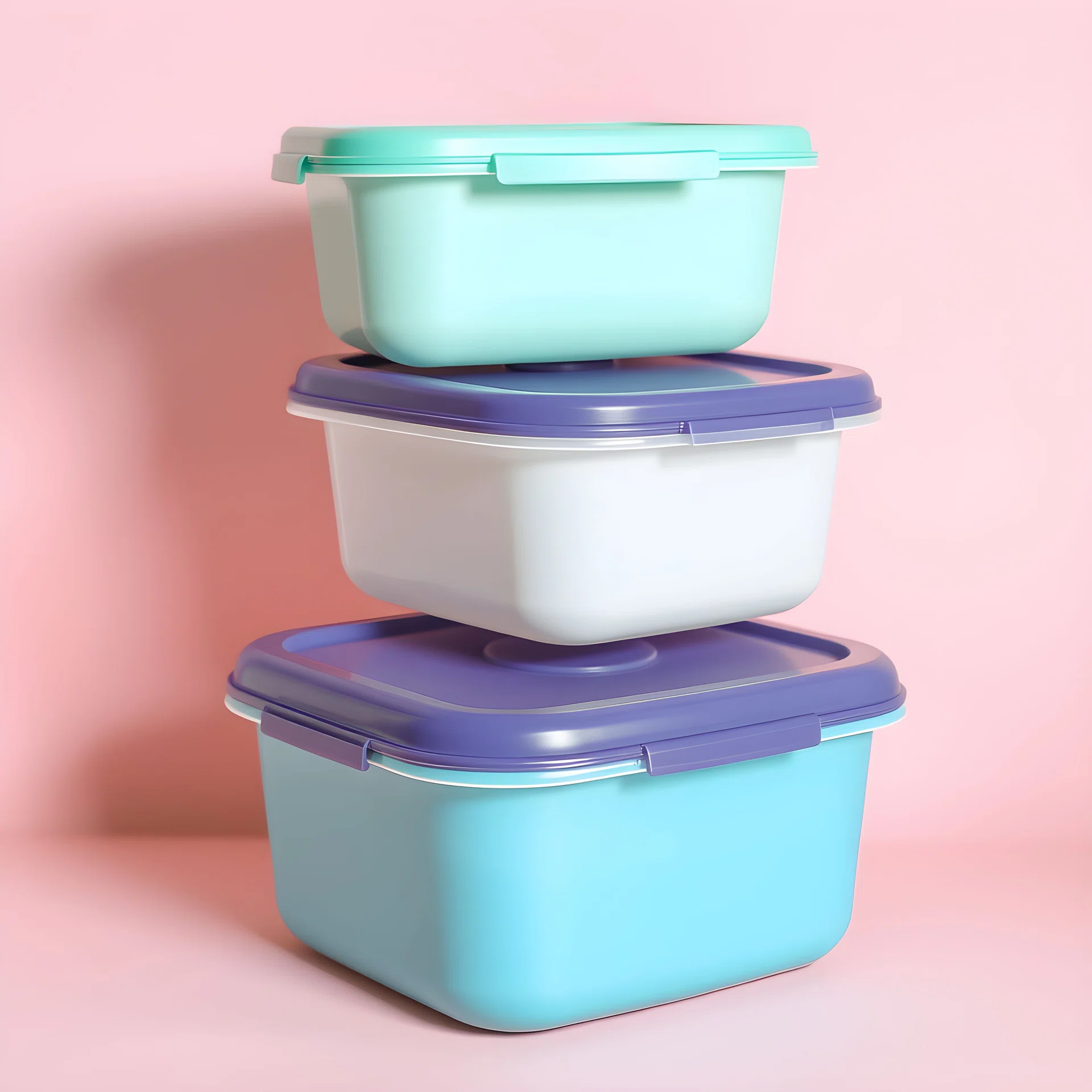 Stack of Tupperware containers against a pale pastel pink background.