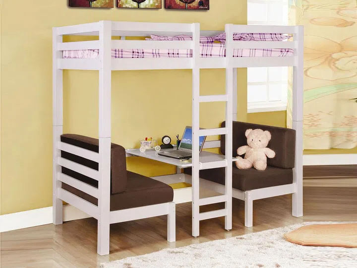 A kids bunk bed with built-in seats and table at the bottom.