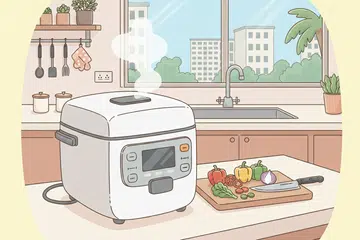 A cartoon drawing illustration of an electric rice cooker on a kitchen countertop of a HDB flat.