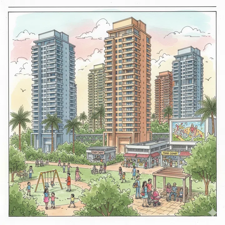 A drawing illustration of an HDB estate.