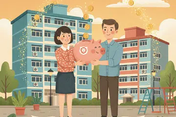 A drawing illustration of a Singaporean couple holding a piggy bank in their hands standing in front of a HDB block.