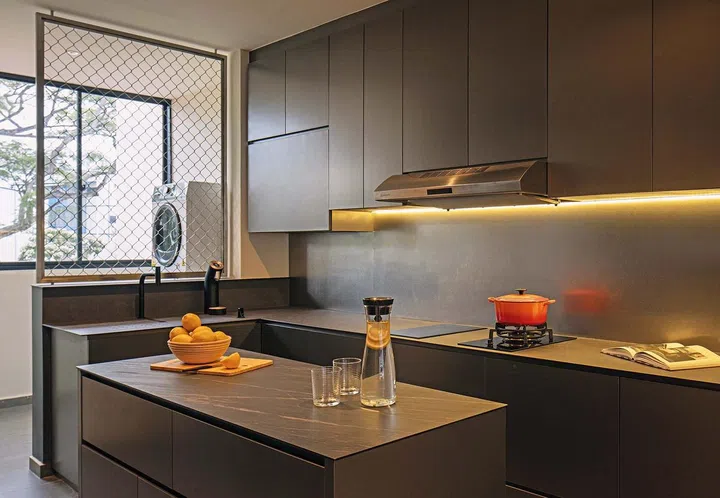The kitchen
joinery doors
are cladded in
laminate with a
stainless steel
finish, matched
by a stainless
steel backsplash.