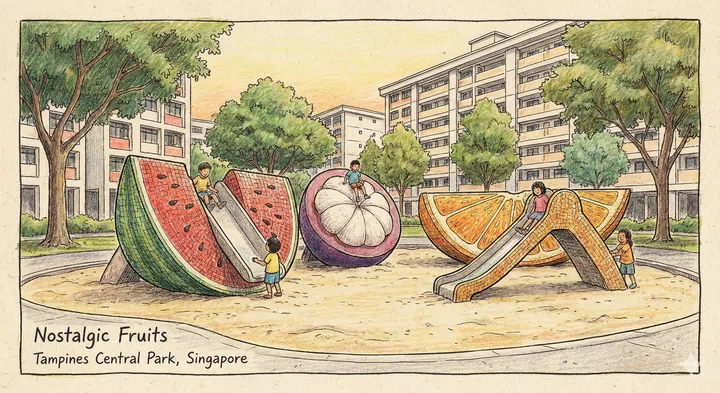 A drawing illustration of The Nostalgic Fruits playground at Tampines Central Park.