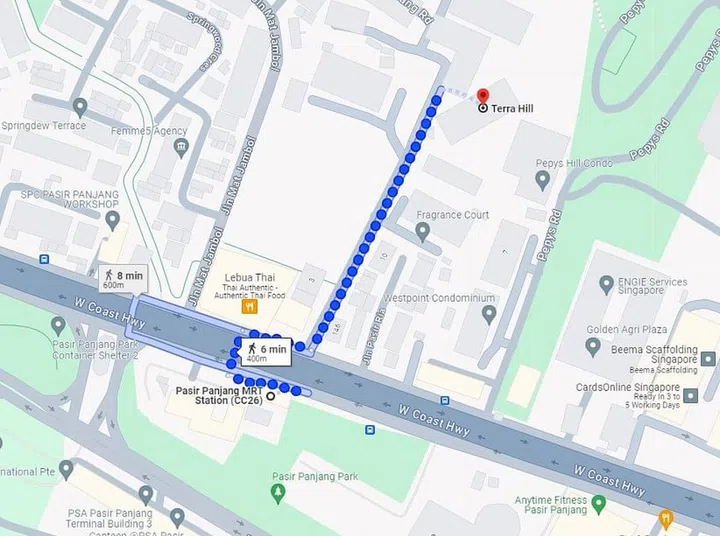 Terra Hill condo is a 6 minute walk from Pasir Panjang MRT Station. Screengrab from Google Maps