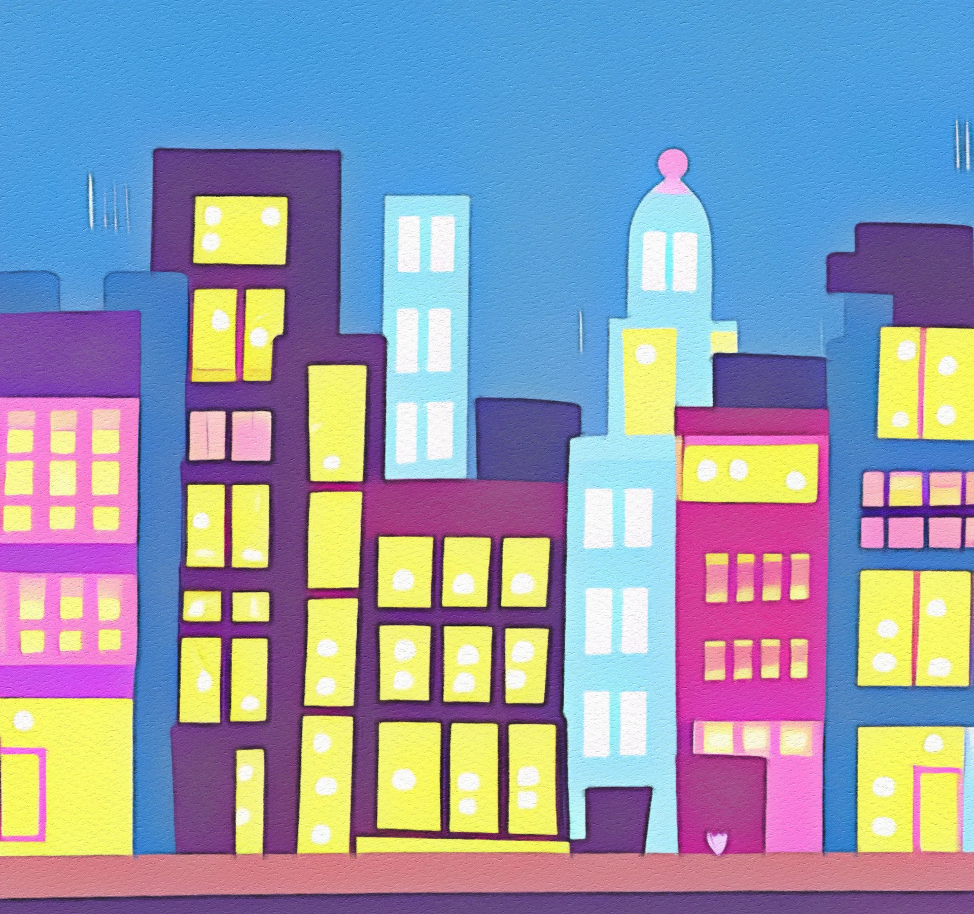 A vibrant cityscape bursts with color, showcasing an imaginative skyline filled with playful buildings and glowing windows.