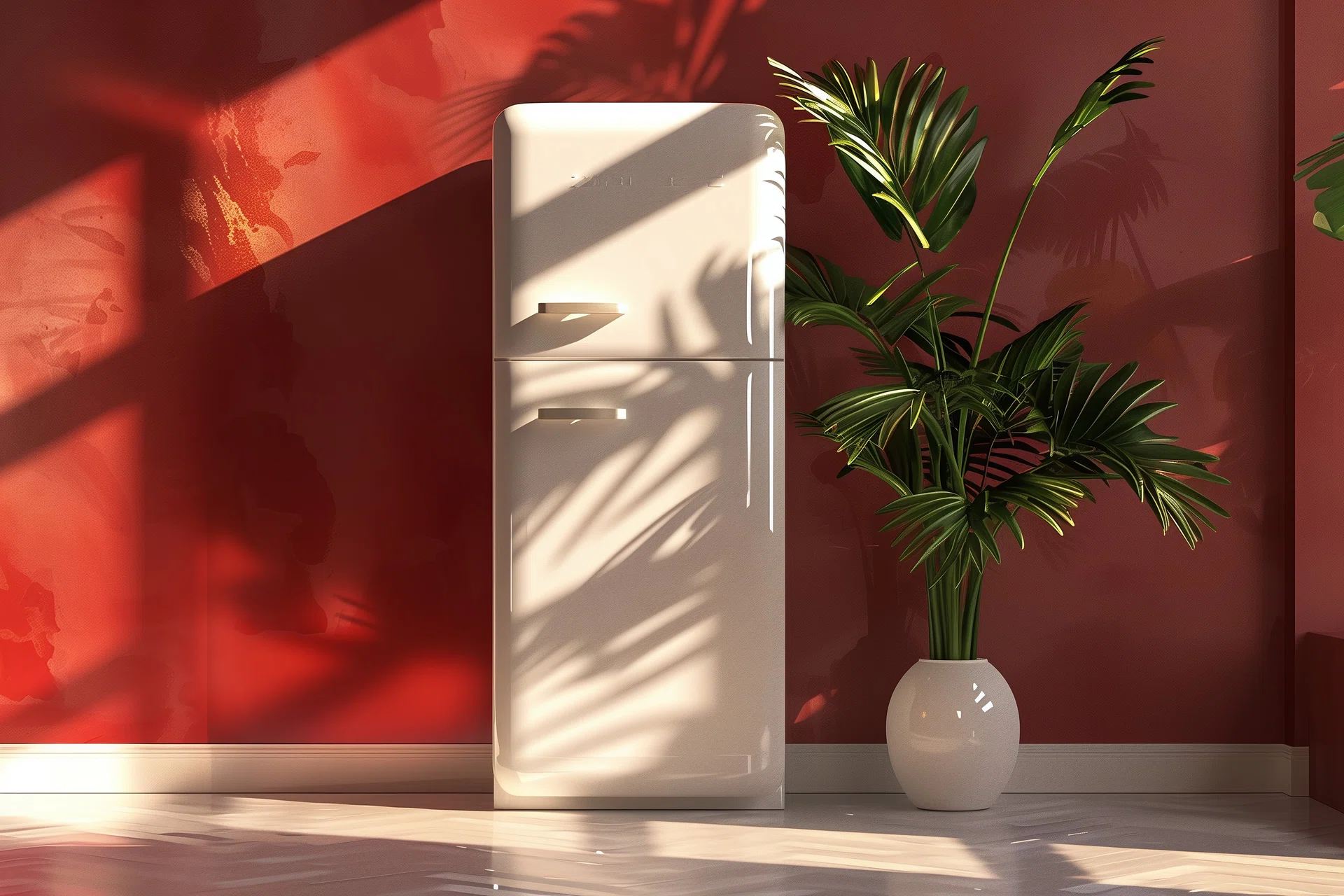In a sunlit corner of a modern kitchen, a glossy white refrigerator stands elegantly against a warm red wall, while a vibrant green plant adds a touch of life to the scene.