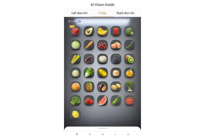A screengrab of Samsung's AI Family Hub+ screen showing foods detected in the fridge with expiration dates for the Samsun Bespoke 4-Door Flex Refrigerator with AI Family Hub+ launched at CES 2024