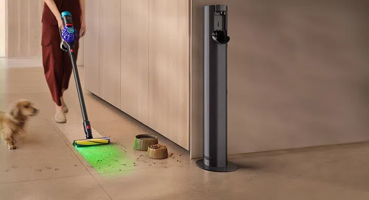 The Dyson V10 Optic with the illuminated Fluffy Optic brush head, and a sneak preview of the Auto-empty Dock.