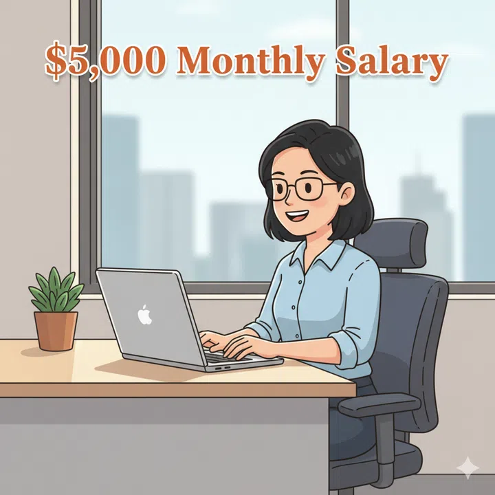 A cartoon drawing of a young singaporean woman working at an office desk with laptop. With the words “$5,000 Monthly Salary”.