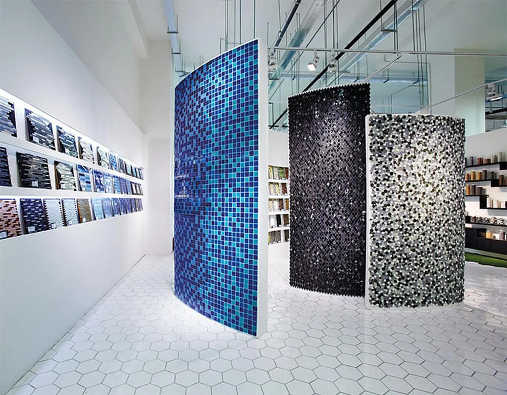 Walls of mosaic tiles on display at the Hafary Gallery Eunos tiles showroom.