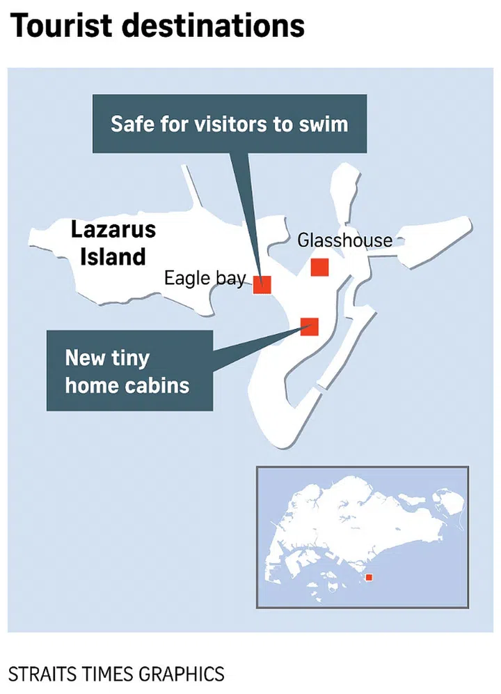 Map of Lazarus Island tiny home cabins, glasshouse, and eagle bay