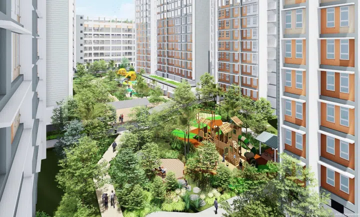 Artist’s impression of communal garden and playground within Yishun Chencharu Vines BTO estate.