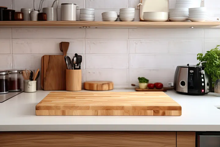 Wooden counter top with kitchen cabinet background and a cutting board.