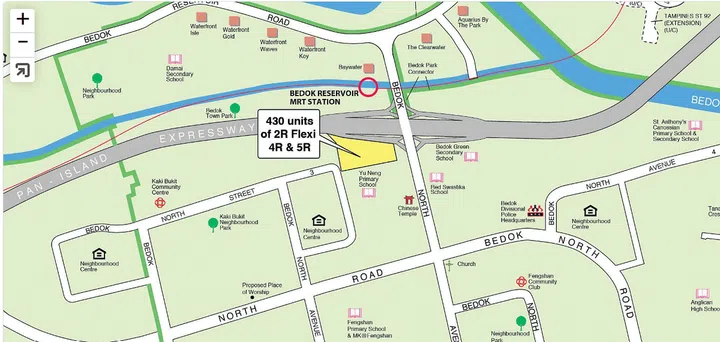 Map screengrab of the HDB BTO February 2024 exercise launch at Bedok North Street 4. Map from HDB