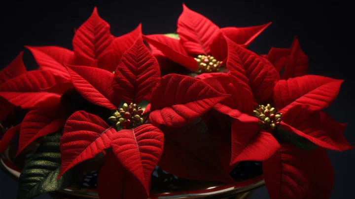 poinsettia on black background, christmas decoration, close up