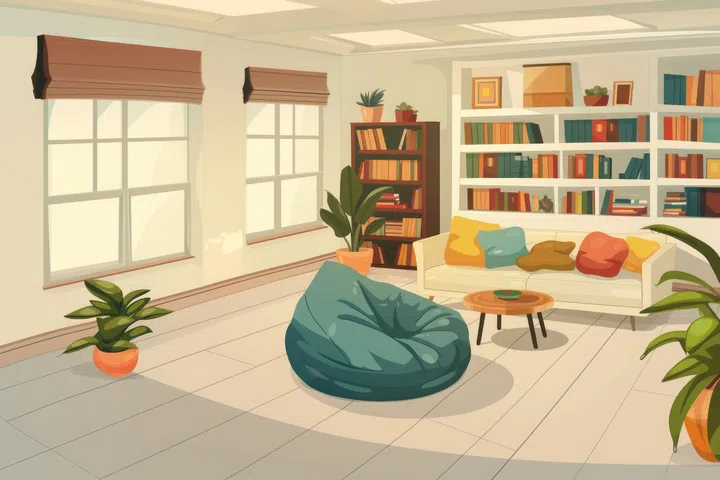 Interior of living room with furniture and bookshelf. Cartoon vector illustration.