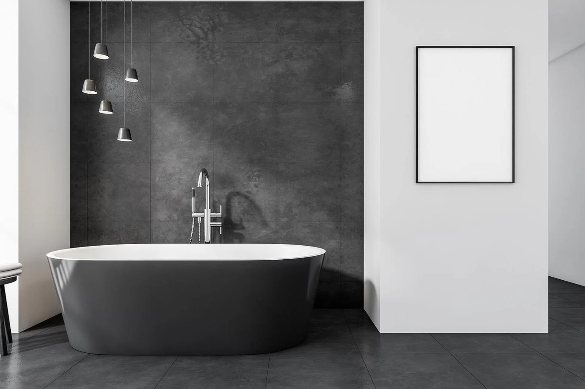 Modern bathroom interior with ceramic bathtub and white framed poster on wall. Tiled flooring. Panoramic window. No people. Mockup. 3d rendering.