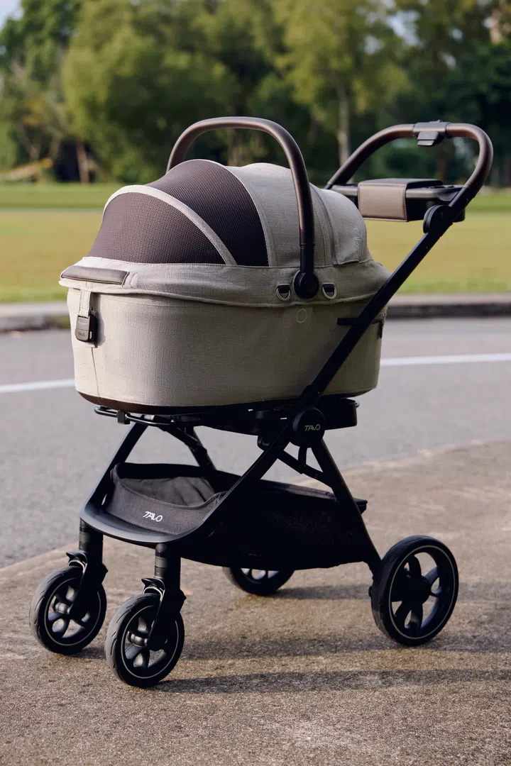 Multi-terrain suspension system fitted on the Tavo pet stroller.