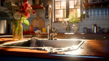 Kitchen sink with faucet and bunch of flowers on the counter. Generative AI.