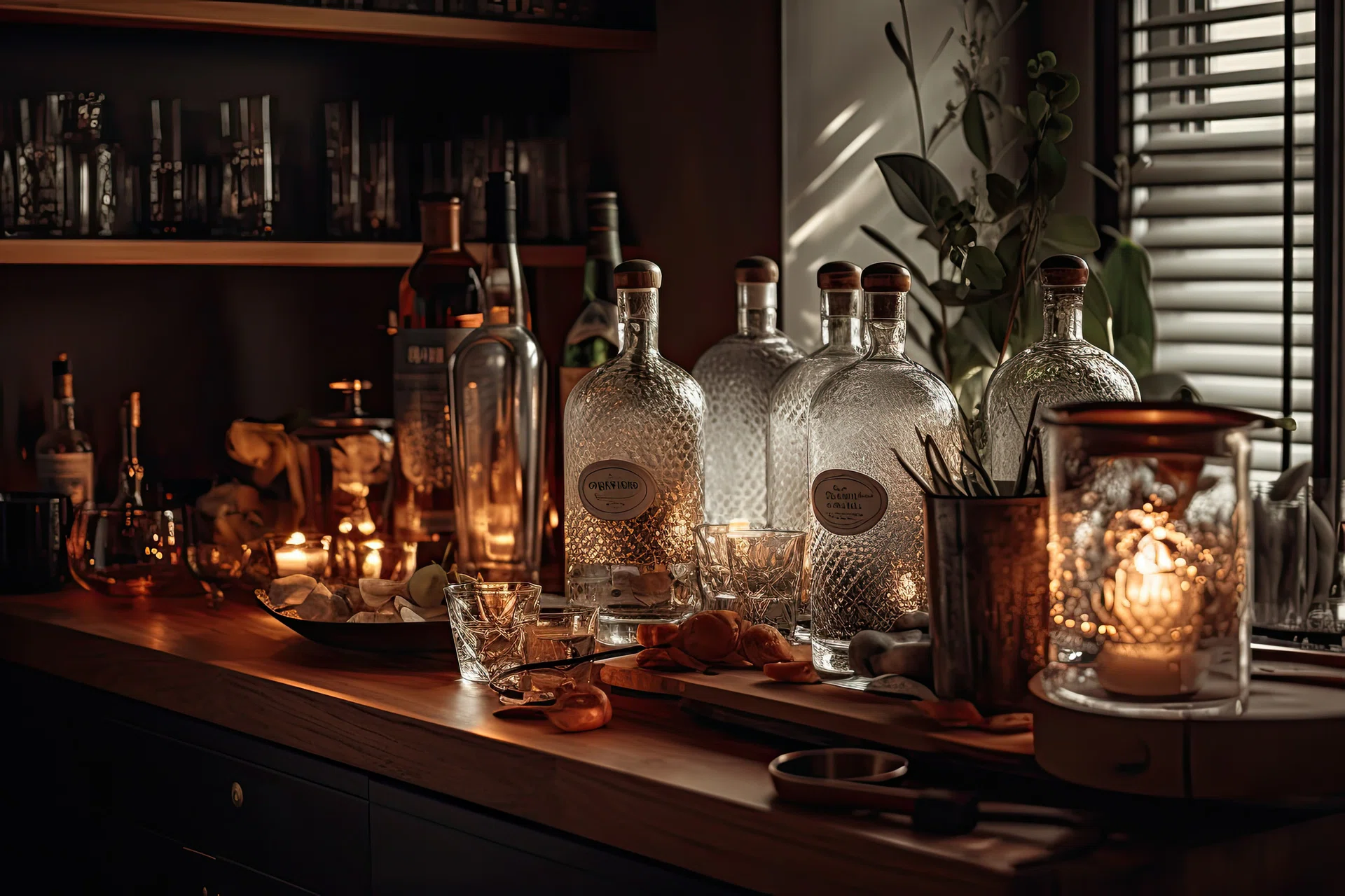 A chic and stylish home bar setup featuring an array of glass bottles and glowing candles, perfect for entertaining guests.. Generative Ai